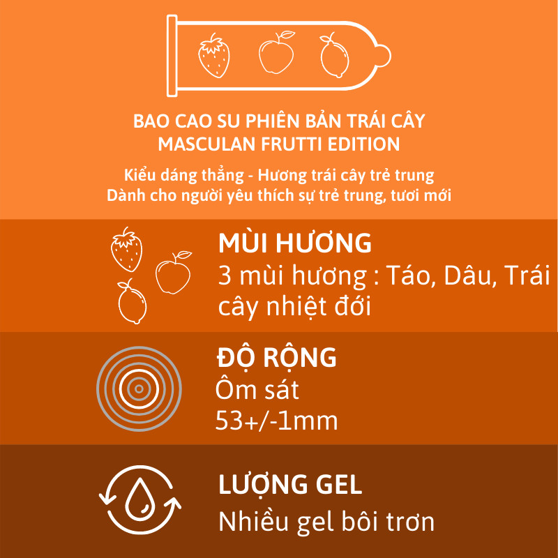 Bao cao su Masculan Frutti Edition - Hương hoa quả (10 bao) 2 bao cao su masculan frutti edition 2